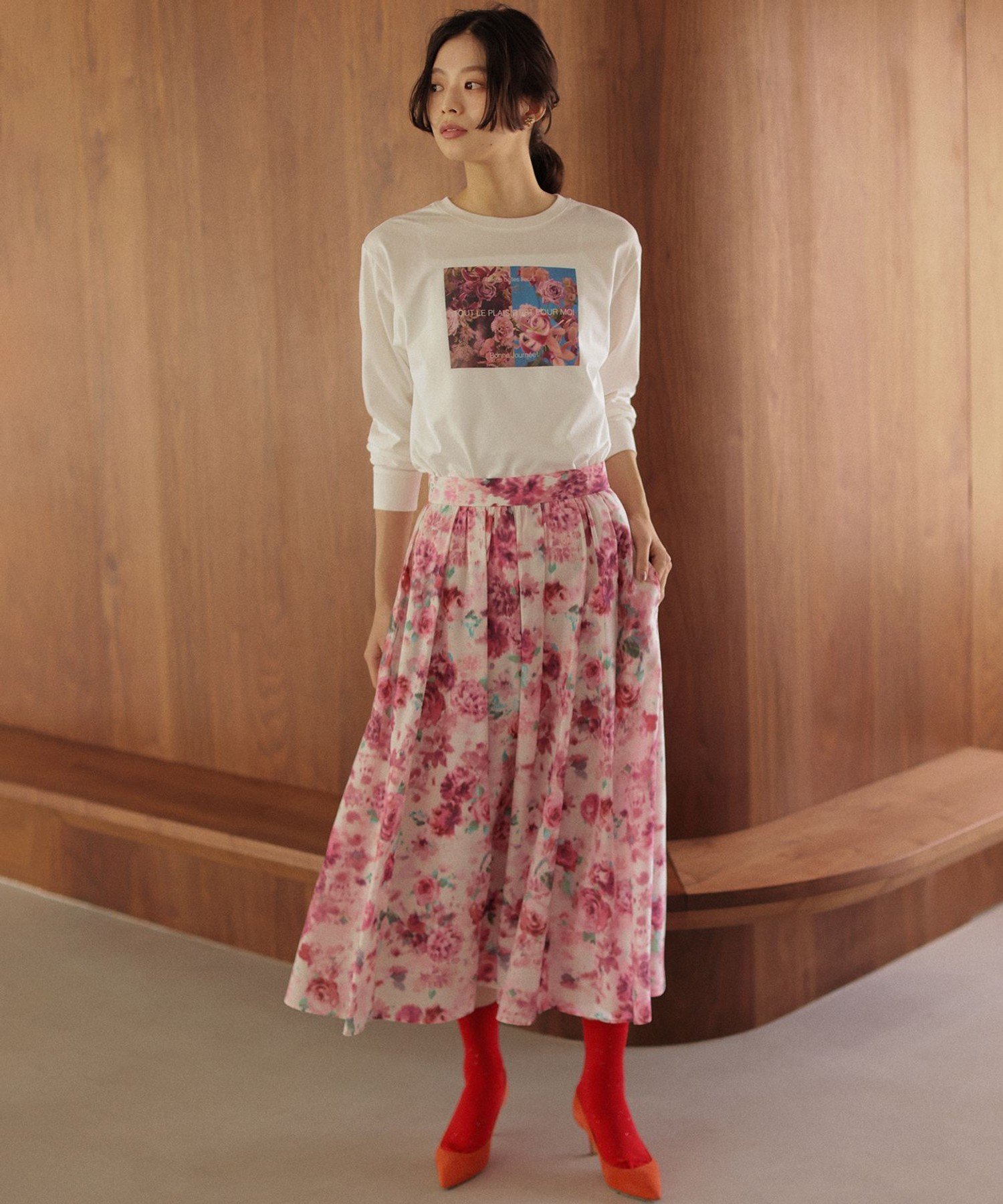 組曲 L 【Flower Collection】プリントロングTシャツ クミキョク トップス カットソー・Tシャツ ピンク ホワイト