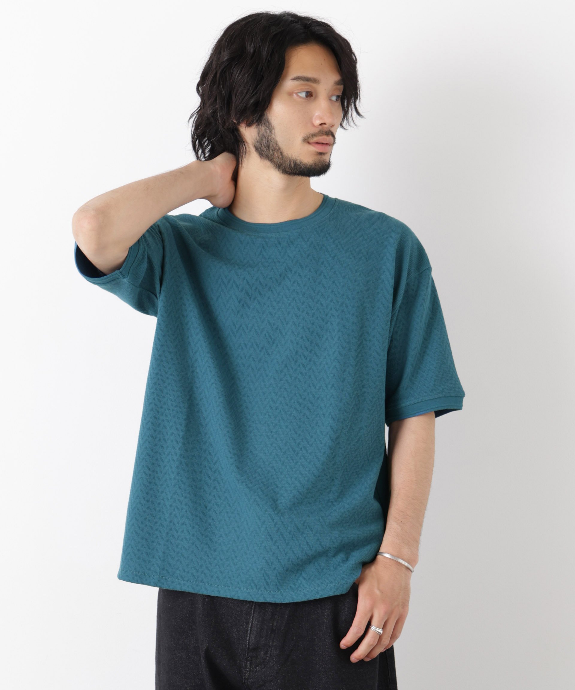 NANO universe ヘリンボンジャガードTシャツ 半袖 ナノユニバース トップス カットソー・Tシャツ ブラック ホワイト ピンク