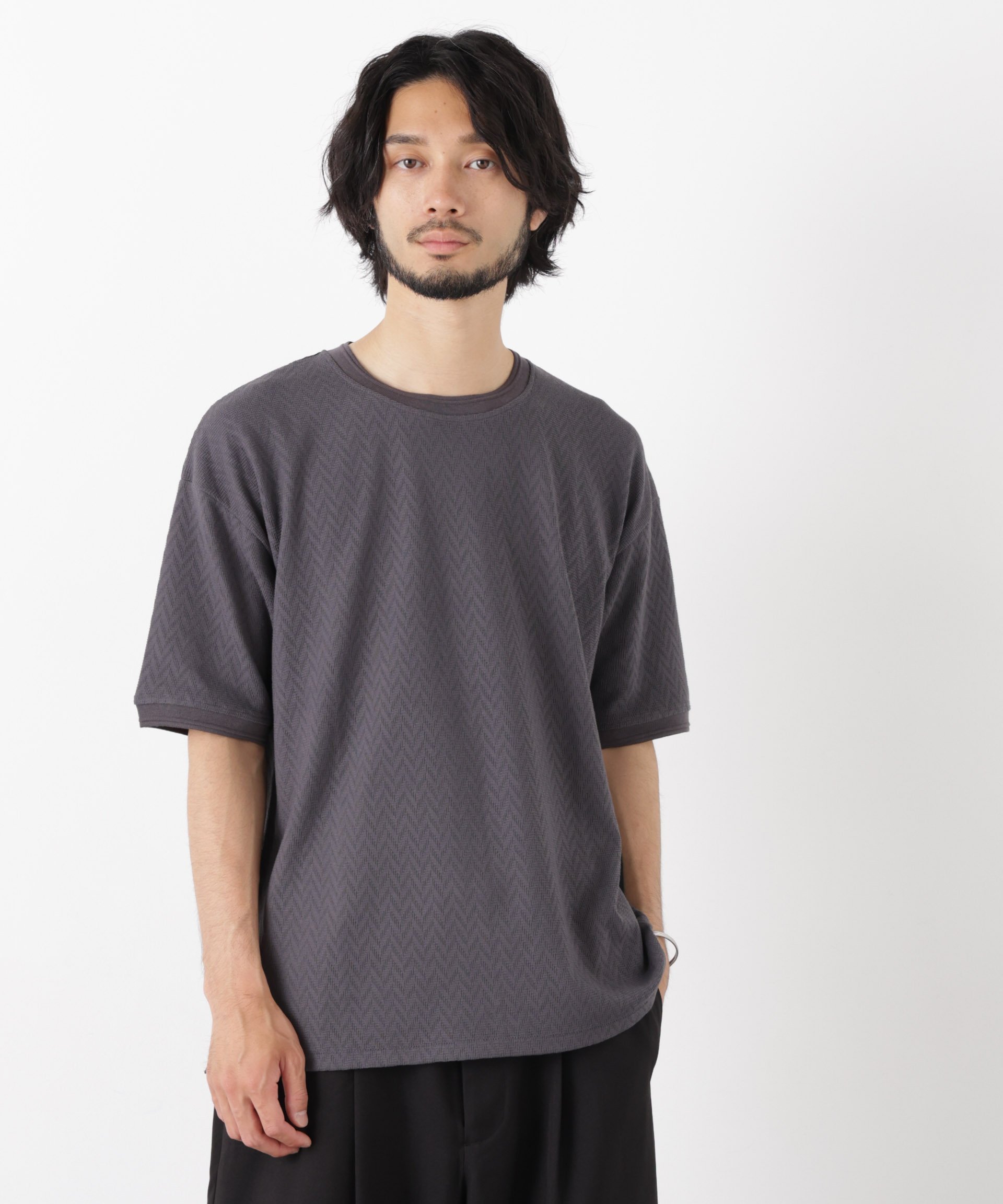 NANO universe ヘリンボンジャガードTシャツ 半袖 ナノユニバース トップス カットソー・Tシャツ ブラック ホワイト ピンク