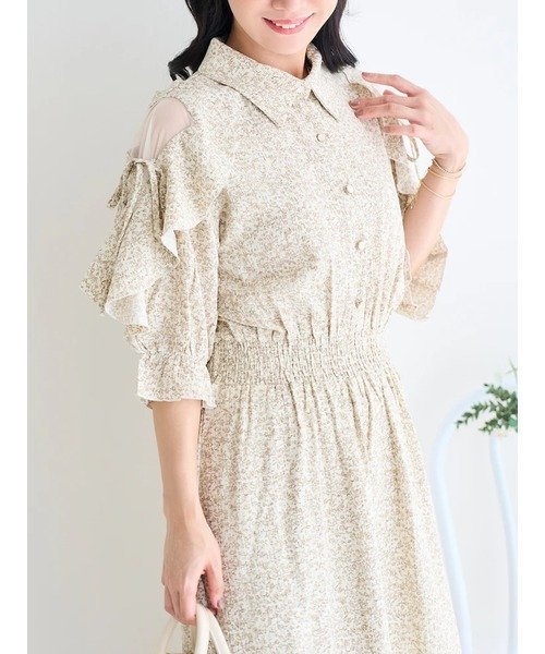 Re-J&SUPURE 【WEB限定】肩チュールフリルティアード花柄シャツワンピース リジェイアンドスプル ワンピース・ドレス ワンピース ベージュ