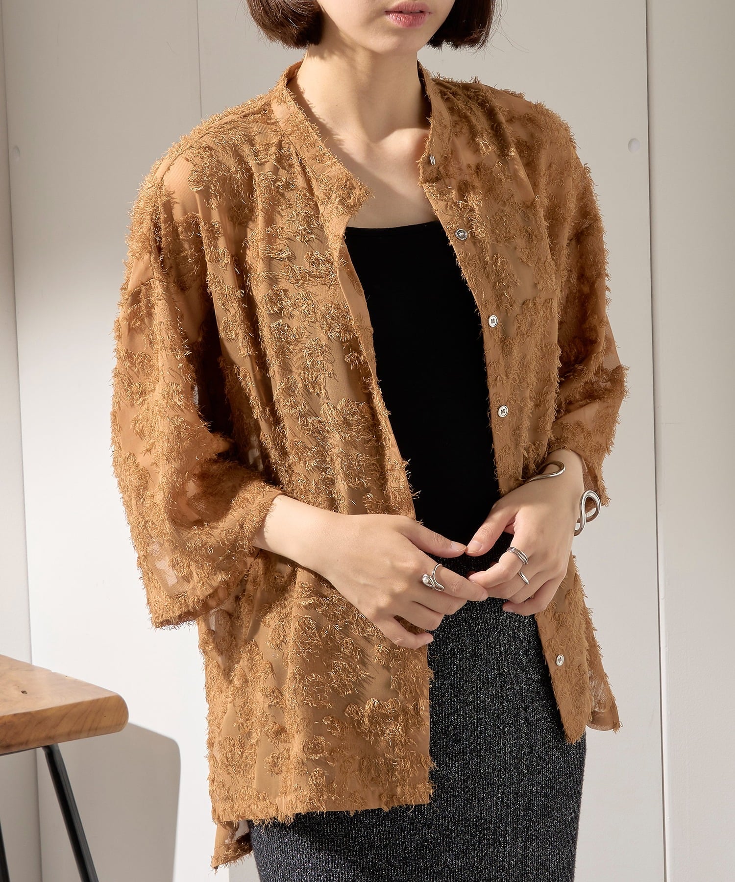MAISON BREEZE MAISON BREEZE/フリンジレースシアーシャツ trc セットアップセブン トップス シャツ・ブラウス ブラック