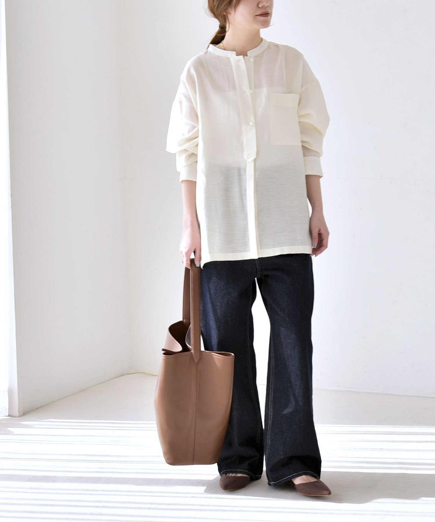 quaranciel 《予約》quaranciel:＜洗濯機可能＞リネン ミックス バンドカラー ポケット シャツ シップス トップス シャツ・ブラウス ベージュ グレー【送料無料】