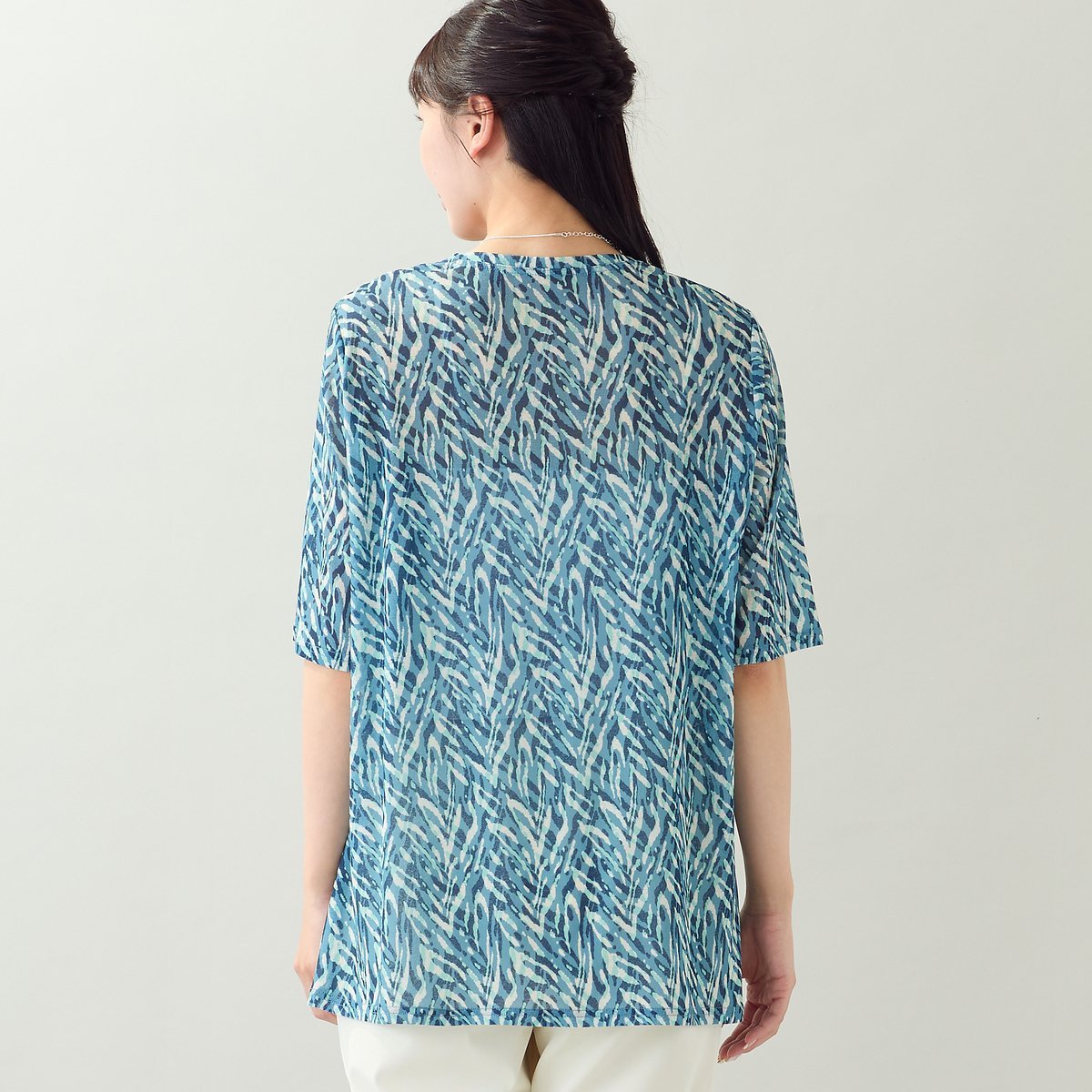 missel 【洗える・L~4Lサイズ】ゼブラ柄アシンメトリーTシャツ ミゼール トップス カットソー・Tシャツ ブラウン ブルー
