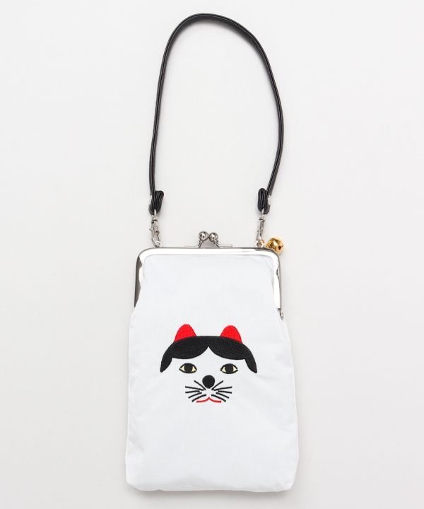 カヤ 福猫 持ち手付きがま口 アミナコレクション 財布・ポーチ・ケース ポーチ ブラウン ホワイト ブラック