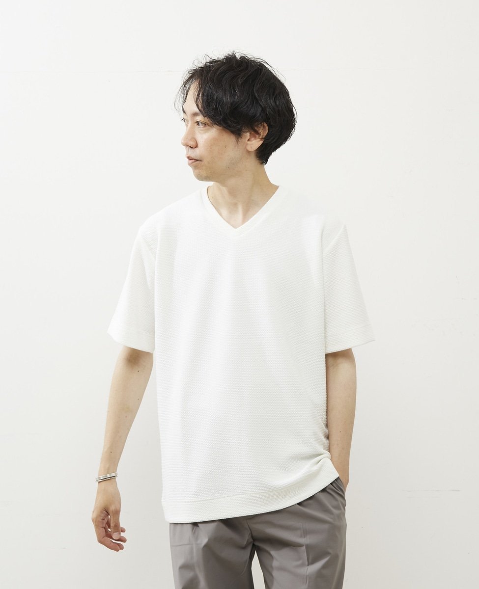 MEN'S MELROSE シュリンクジャガードVネックTシャツ メンズメルローズ トップス カットソー・Tシャツ グリーン ネイビー ホワイト