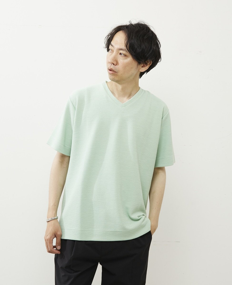MEN'S MELROSE シュリンクジャガードVネックTシャツ メンズメルローズ トップス カットソー・Tシャツ グリーン ネイビー ホワイト