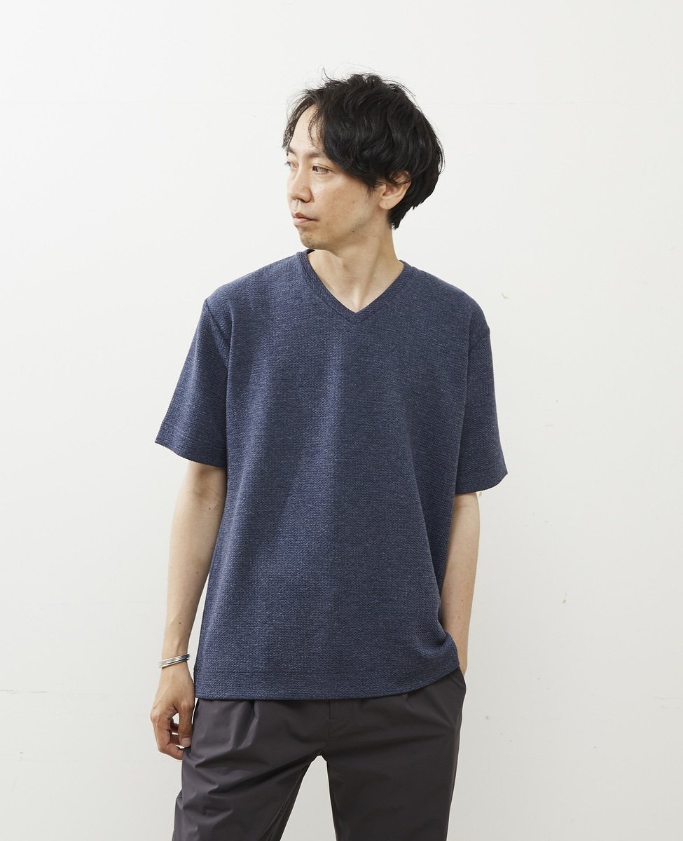 MEN'S MELROSE シュリンクジャガードVネックTシャツ メンズメルローズ トップス カットソー・Tシャツ グリーン ネイビー ホワイト