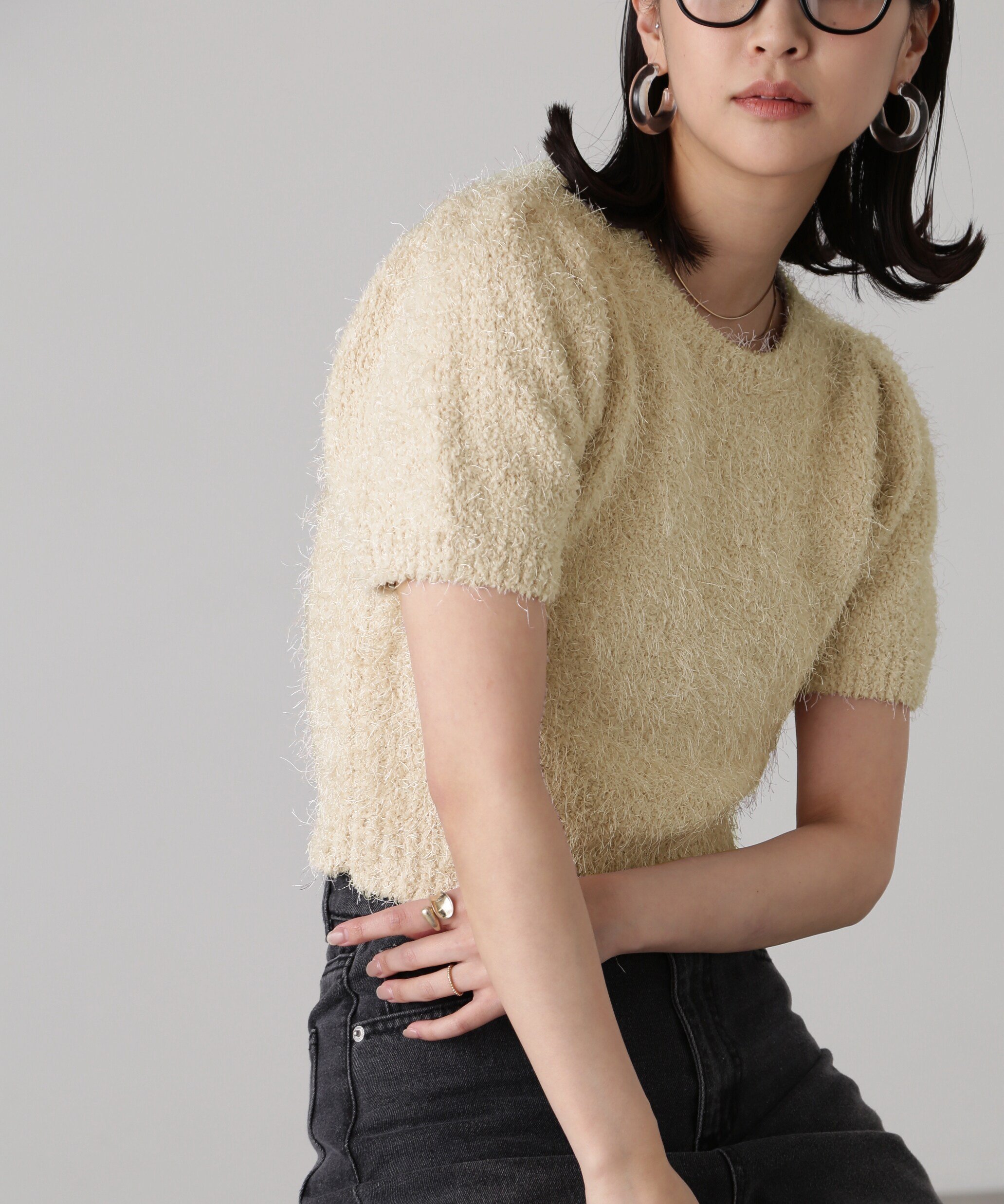 【SALE／60%OFF】FREE'S MART フェザーパフスリーブ半袖ニット フリーズ マート トップス ニット グレー ホワイト レッド イエローのサムネイル