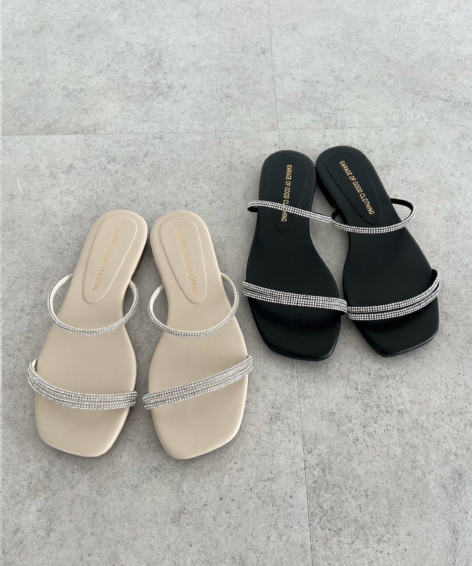 【SALE／50%OFF】GARAGE OF GOOD CLOTHING ラインストーンナローコードフラットサンダル ガレージ オブ グッド クロージング シューズ・靴 サンダル ブラック ホワイト【送料無料】