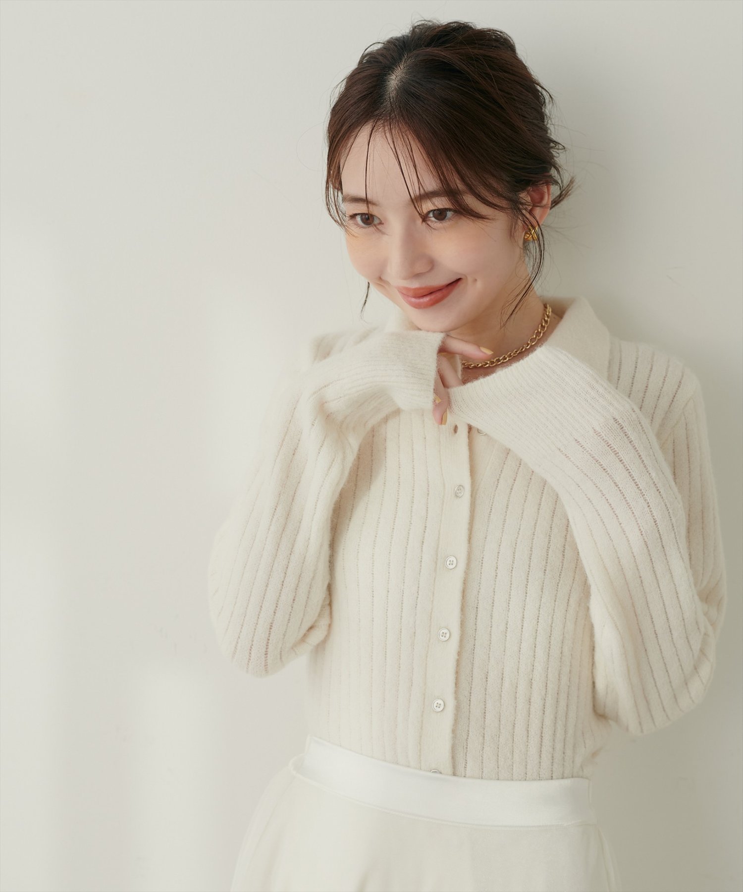 natural couture 【WEB限定】モヘアタッチ衿付きニット ナチュラルクチュール トップス カーディガン ホワイト ブラック グレー ブルー【送料無料】のサムネイル