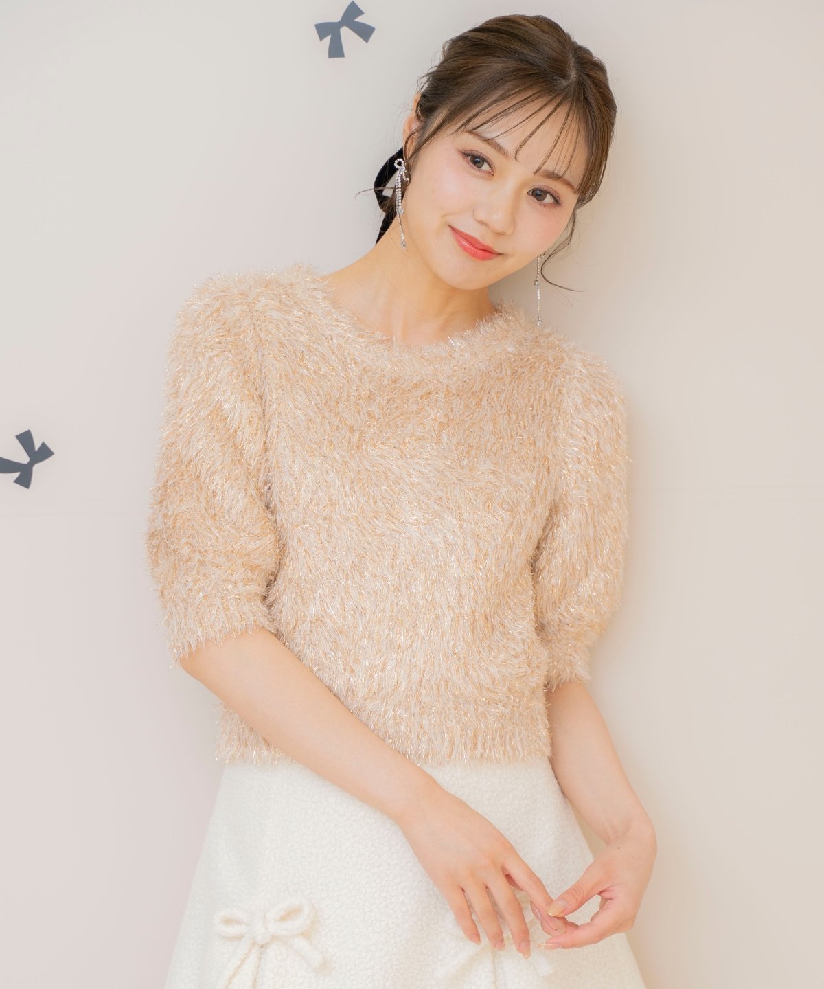 WILLSELECTION シャギーラメ5分袖プルオーバー ウィルセレクション トップス ニット シルバー ピンク ベージュ ホワイト