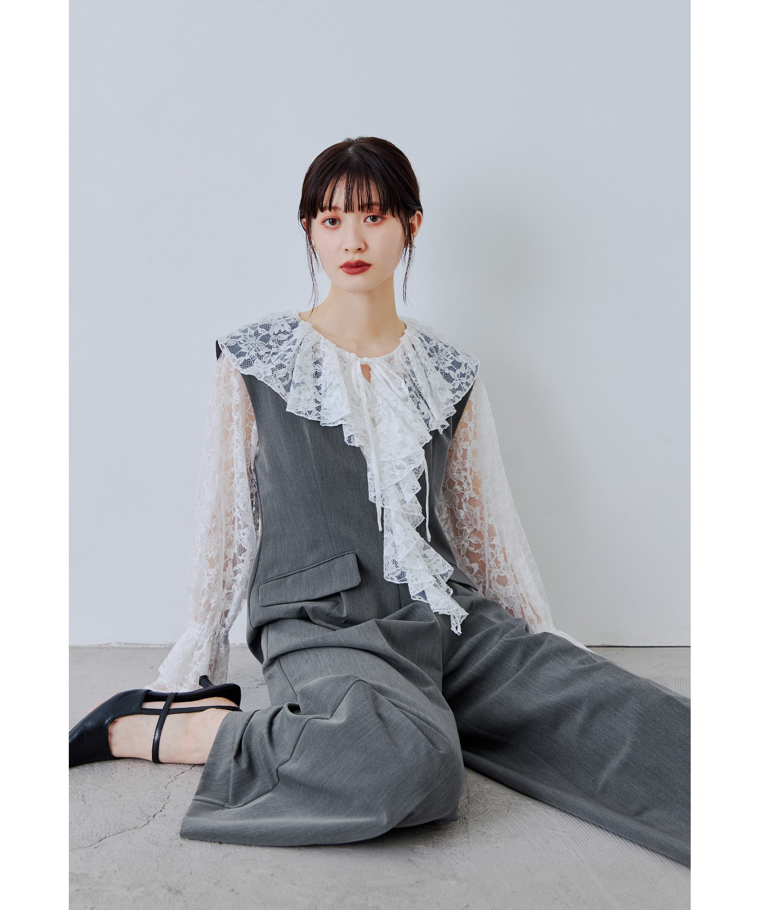 【SALE／15%OFF】niana レースラッフルオールインワンドレス 2点セット パンツドレス セットアップ 結婚式 ビーフラット ワンピース・ドレス ドレス グレー ブラック ベージュ【送料無料】