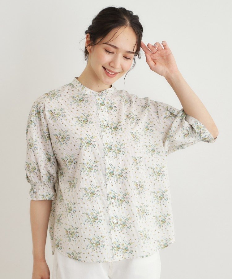 LAURA ASHLEY 【5分袖/コットン100%/洗える】サジェストン柄ブラウス ローラ アシュレイ トップス シャツ・ブラウス ベージュ ブルー