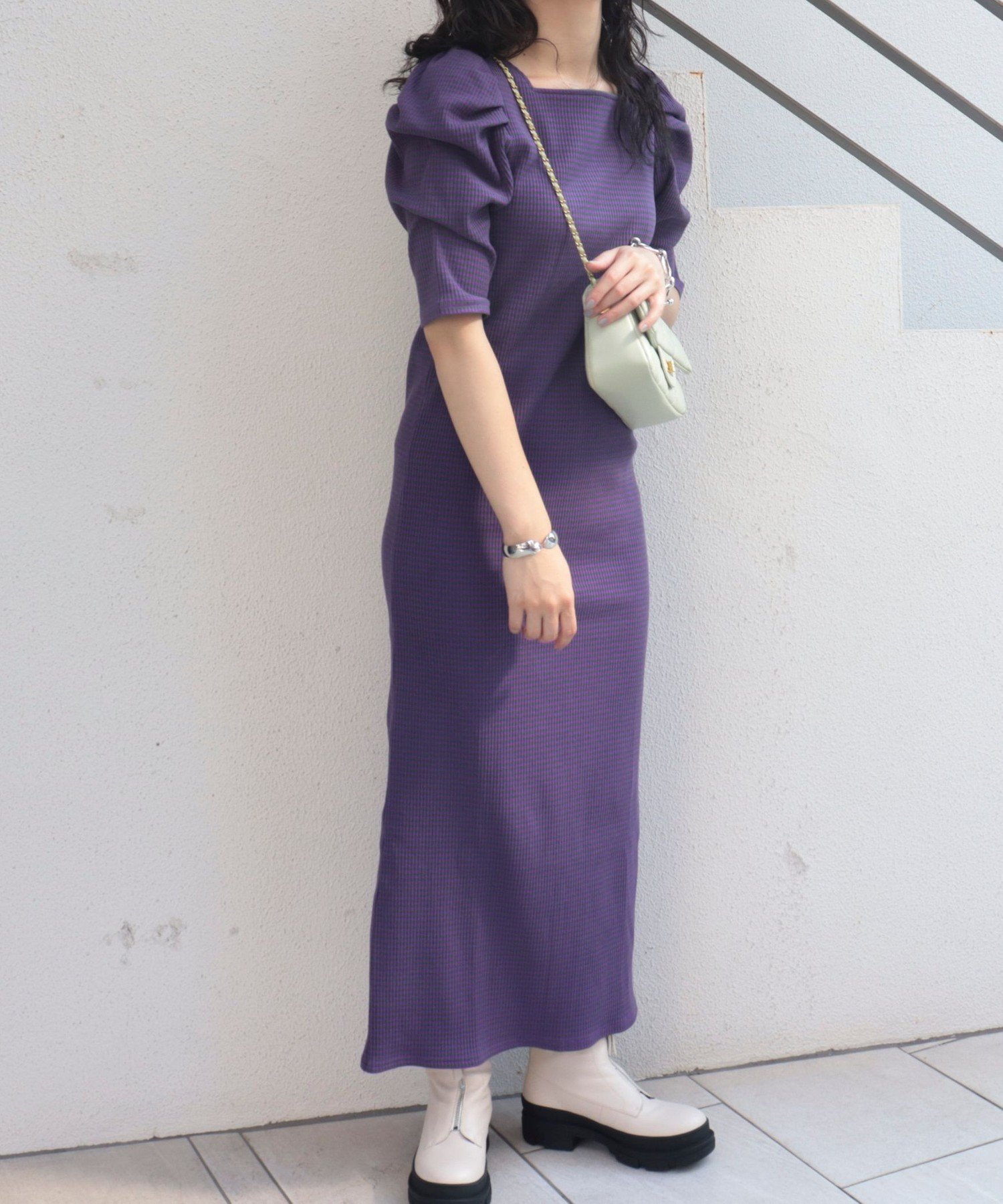 【SALE／80%OFF】fredy emue テレコボーダー袖ボリュームワンピース(前後2WAY) フレディ アンド グロスター ワンピース・ドレス ワンピース パープル ブラウンのサムネイル