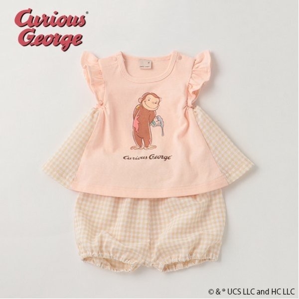 petit main 【おさるのジョージ】チェックセットアップ ナルミヤオンライン トップス アンサンブル ピンク ホワイト【送料無料】のサムネイル