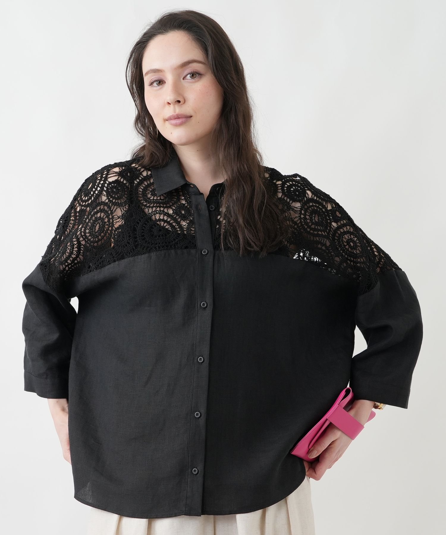 Leilian PLUS HOUSE 【店頭人気】レースドッキングブラウス レリアン プラスハウス トップス シャツ・ブラウス ブラック