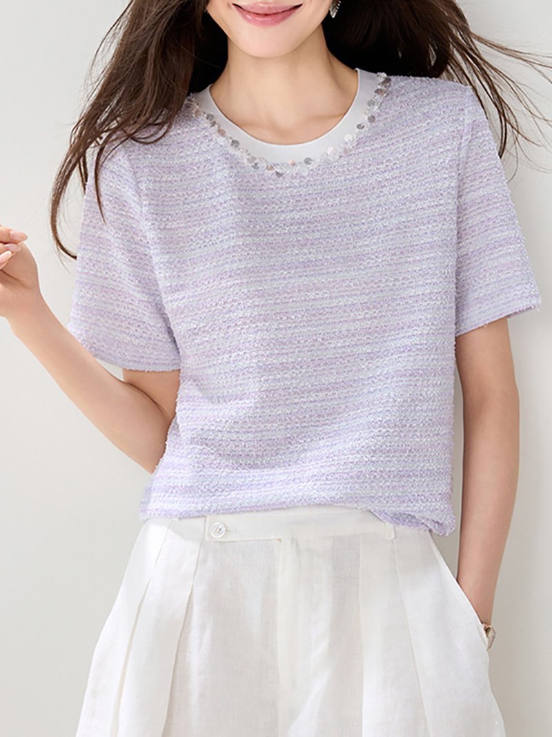 パール風ビジュー付きツイード調トップス レディース トップス ドゥー・ベル トップス カットソー・Tシャツ パープル