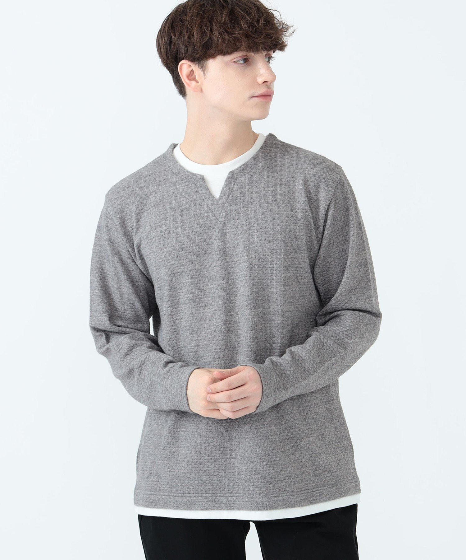 【SALE／40%OFF】BEAMS HEART MEN バスケット ジャカード キーネック カットソー ビームス アウトレット トップス カットソー・Tシャツ ネイビー グレー ベージュ