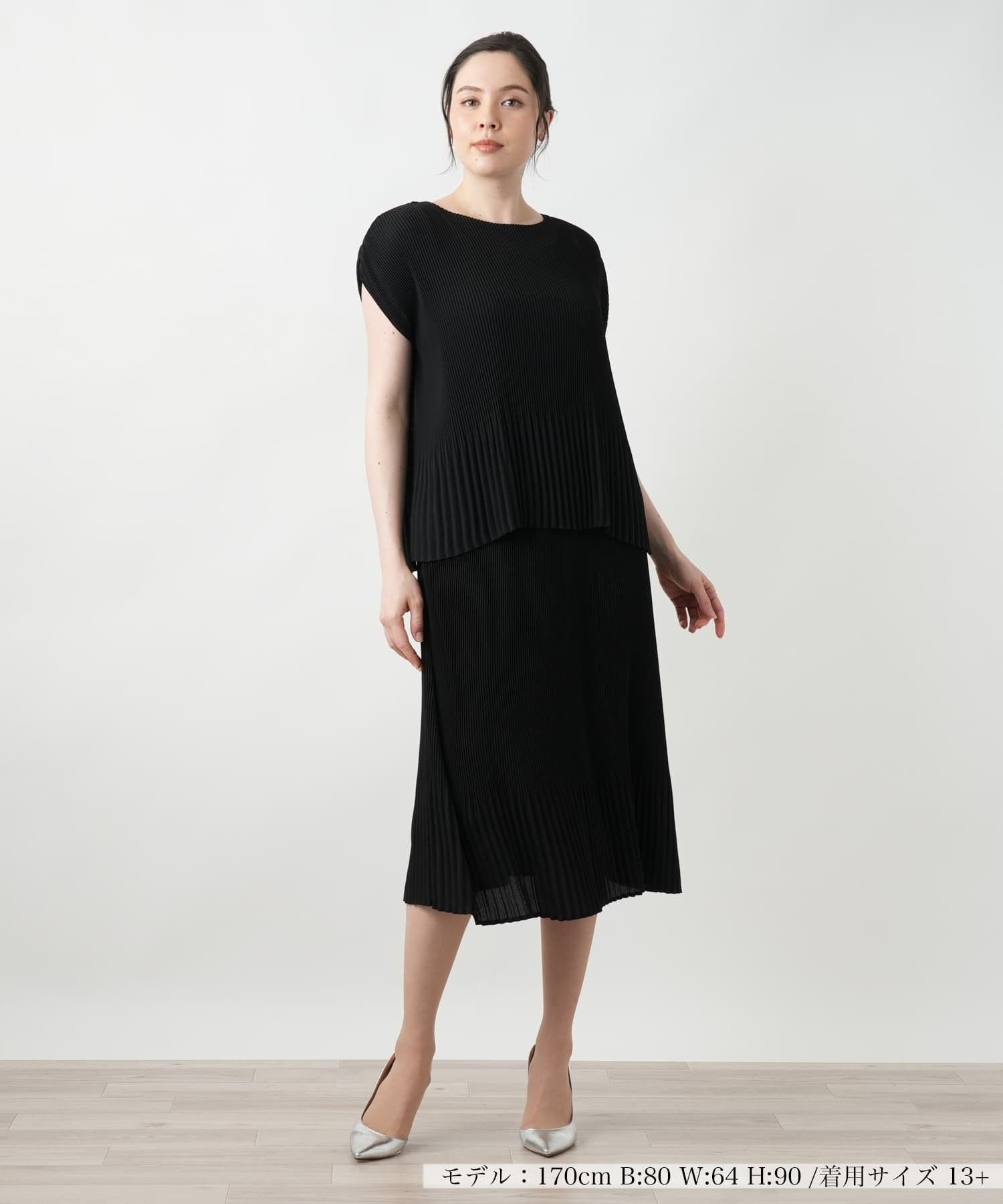 Leilian PLUS HOUSE 【店頭人気】プリーツキャップスリーブブラウス レリアン プラスハウス トップス シャツ・ブラウス ブラック