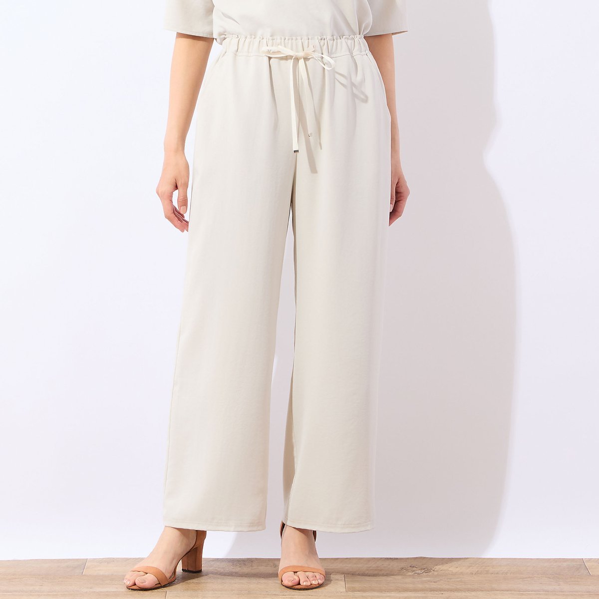 LOBJIE 【接触冷感・洗える・セットアップ可】ウエストリボンワイドパンツ ロブジェ パンツ チノパンツ ベージュ グレー