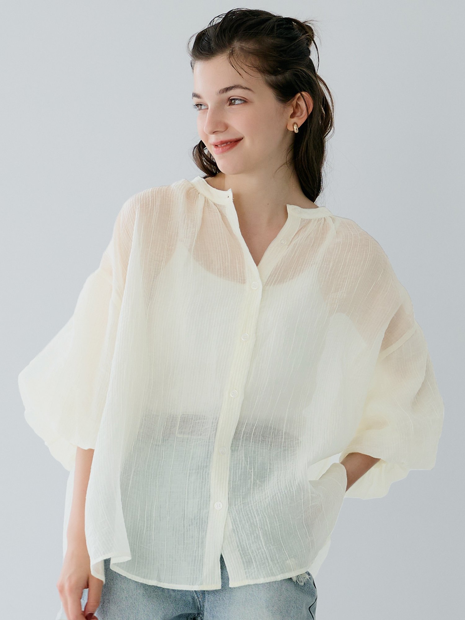 coca シアーボリュームブラウス コカ トップス シャツ・ブラウス ブラック ホワイトのサムネイル