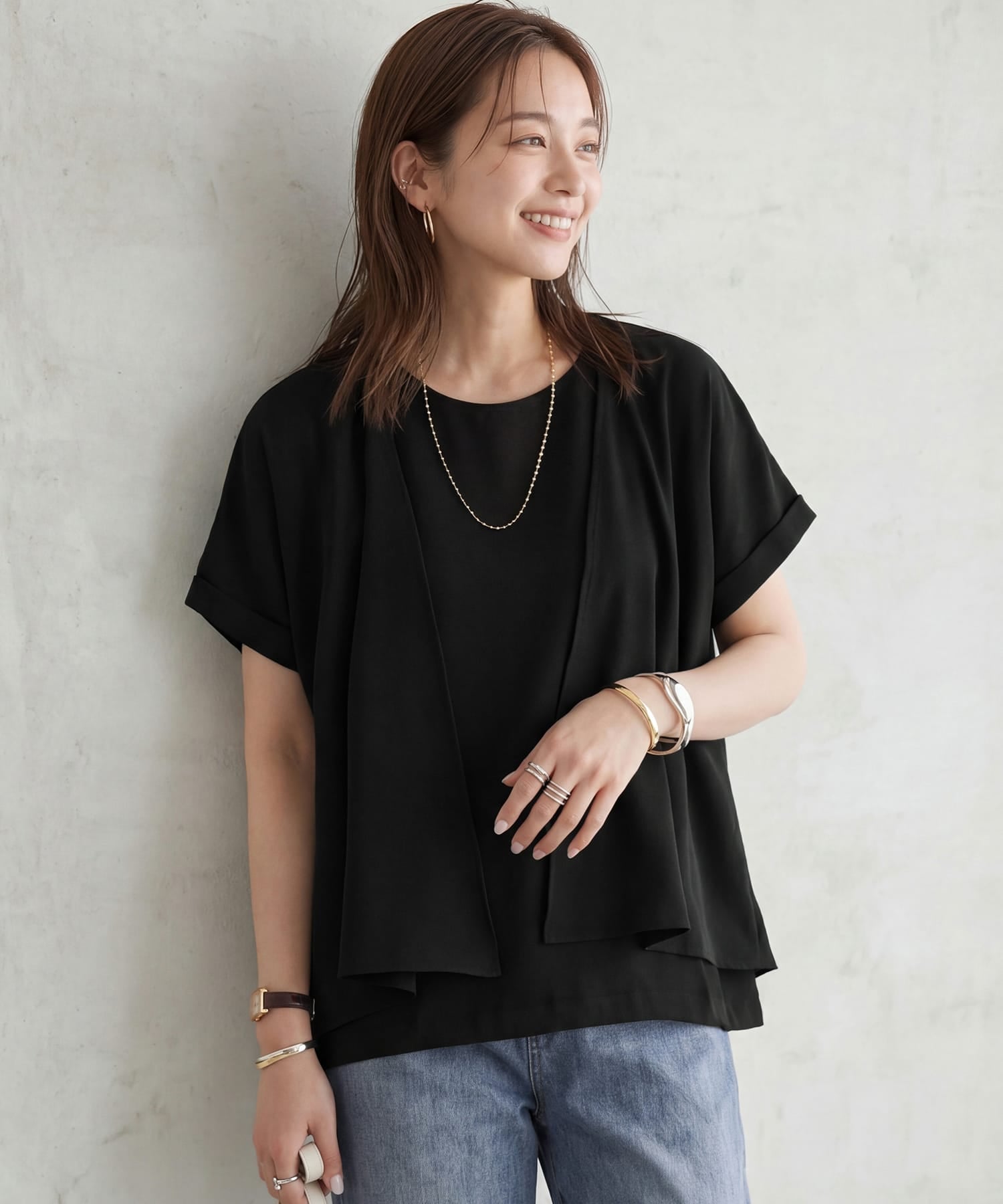 STYLE DELI セットレイヤード風ドレープブラウス スタイルデリ トップス シャツ・ブラウス ベージュ ブラック ネイビー
