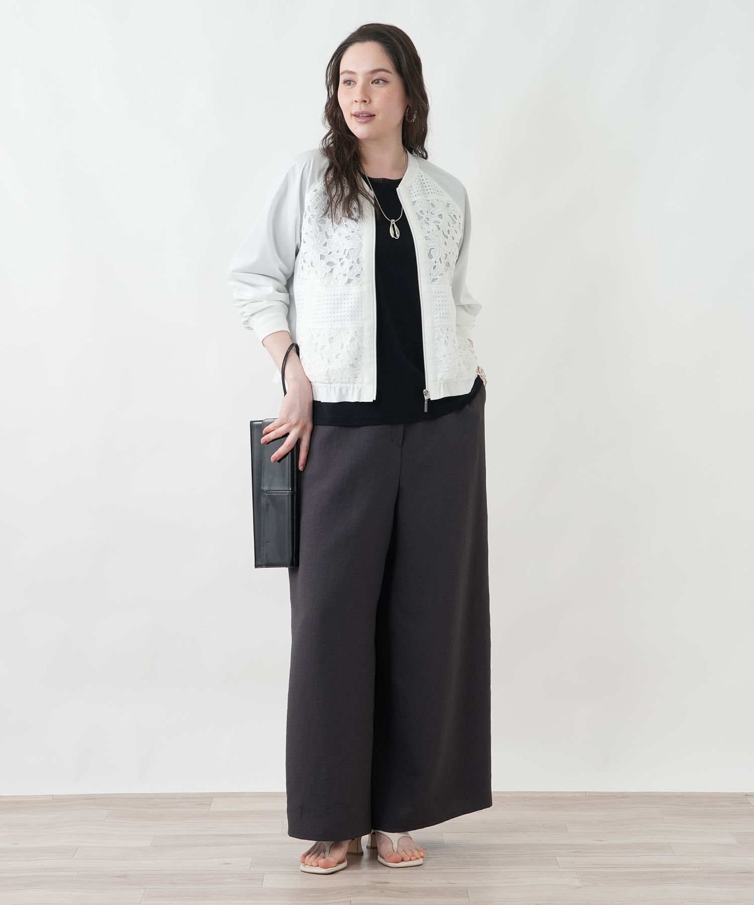 Leilian PLUS HOUSE 洗えるワイドパンツ レリアン プラスハウス パンツ その他のパンツ グレー ホワイト