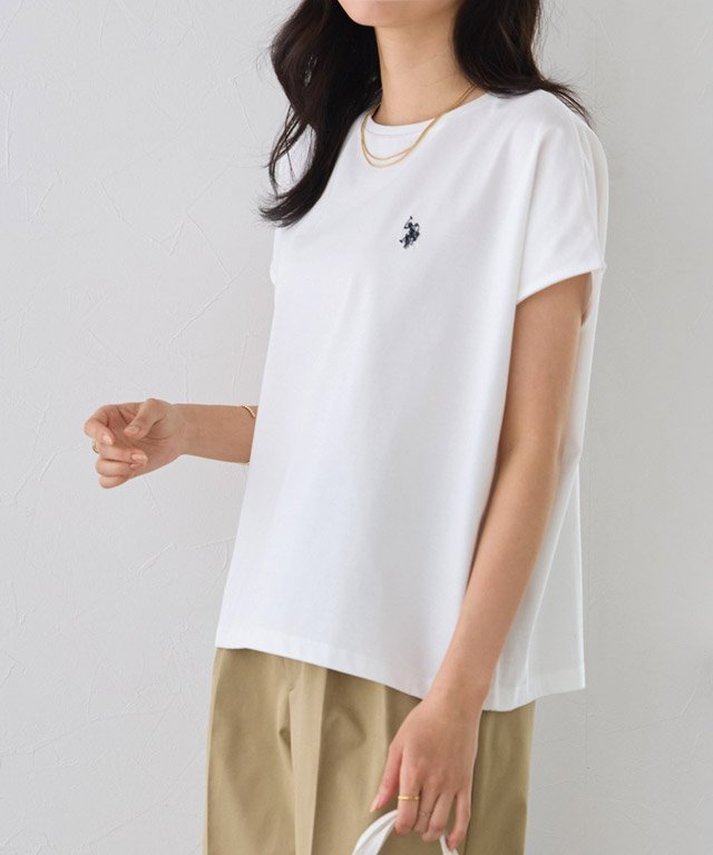 Pierrot U.S. POLO ASSN. 接触冷感フレンチTシャツ ピエロ トップス カットソー・Tシャツ ネイビー ホワイト
