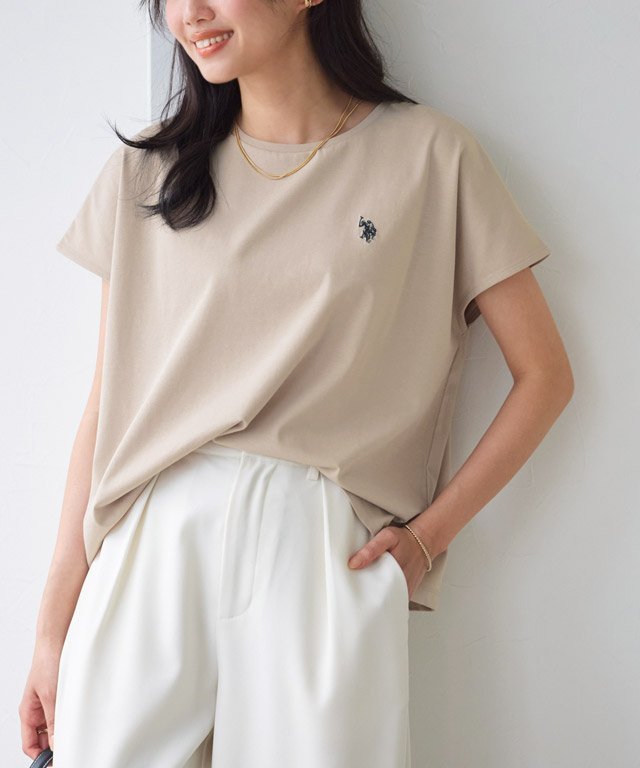Pierrot U.S. POLO ASSN. 接触冷感フレンチTシャツ ピエロ トップス カットソー・Tシャツ ネイビー ホワイト