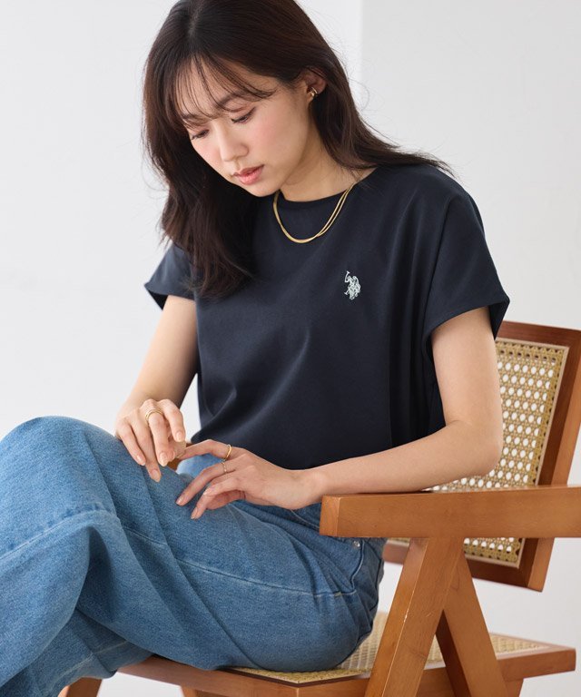 Pierrot U.S. POLO ASSN. 接触冷感フレンチTシャツ ピエロ トップス カットソー・Tシャツ ネイビー ホワイト
