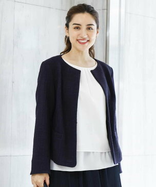 eur3 【大きいサイズ】【B-move】動きやすいツィードノーカラージャケット エウルキューブ コート/ジャケット ノーカラージャケット グレー ネイビー【送料無料】