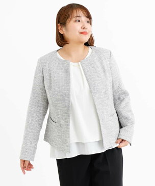 eur3 【大きいサイズ】【B-move】動きやすいツィードノーカラージャケット エウルキューブ コート/ジャケット ノーカラージャケット グレー ネイビー【送料無料】