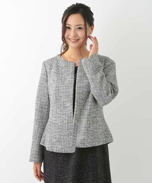 eur3 【大きいサイズ】【B-move】動きやすいツィードノーカラージャケット エウルキューブ コート/ジャケット ノーカラージャケット グレー ネイビー【送料無料】