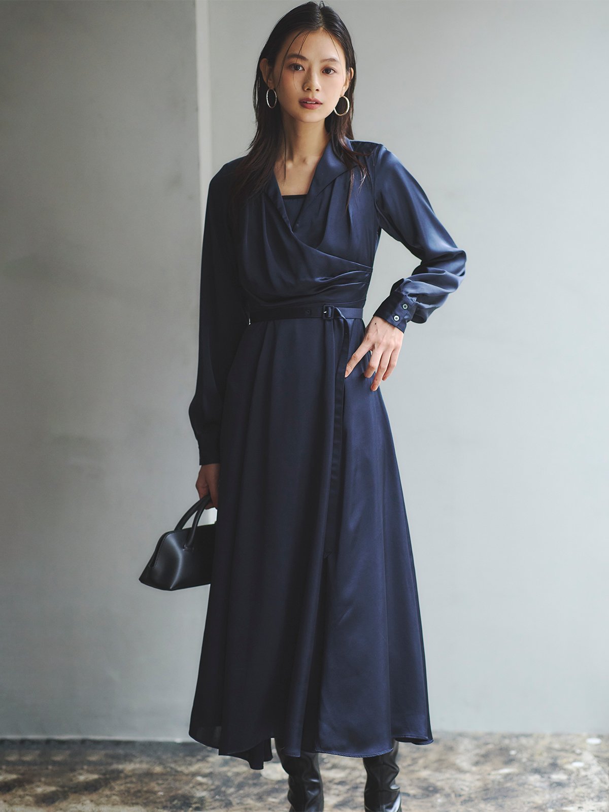 anuans サテンオープンカラーフレアワンピース アニュアンス ワンピース・ドレス ワンピース グレー ネイビー【送料無料】のサムネイル