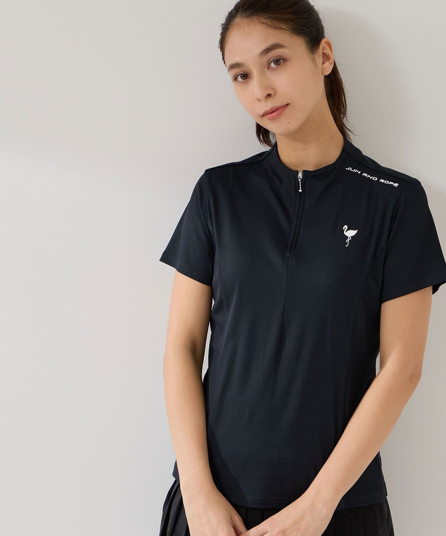 JUN&ROPE' ストレッチテレコボトルネック半袖プルオーバー/UV・吸水 ジュンアンドロペ トップス カットソー・Tシャツ ブラック ホワイト