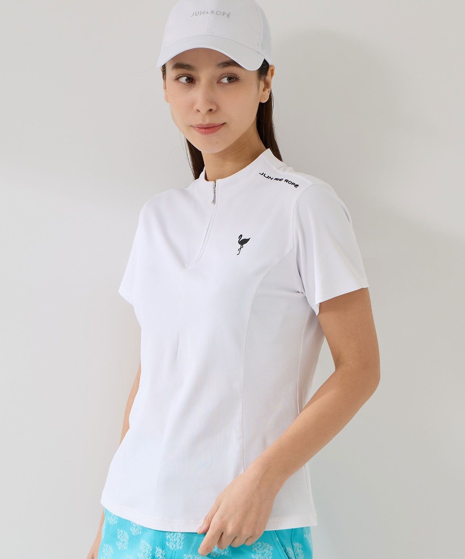 JUN&ROPE' ストレッチテレコボトルネック半袖プルオーバー/UV・吸水 ジュンアンドロペ トップス カットソー・Tシャツ ブラック ホワイト