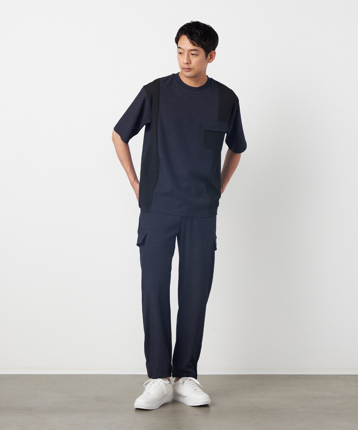 デニムライクストレッチ 半袖プルオーバー コムサイズム トップス カットソー・Tシャツ ネイビー