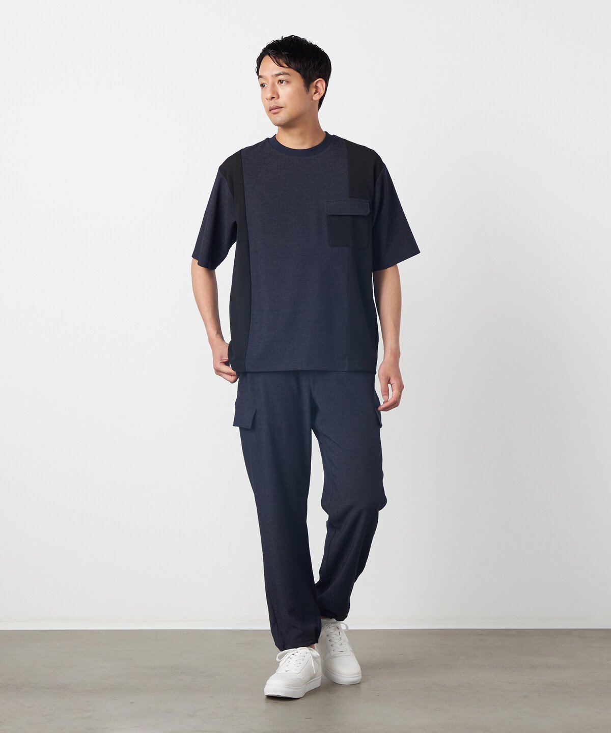 デニムライクストレッチ 半袖プルオーバー コムサイズム トップス カットソー・Tシャツ ネイビー