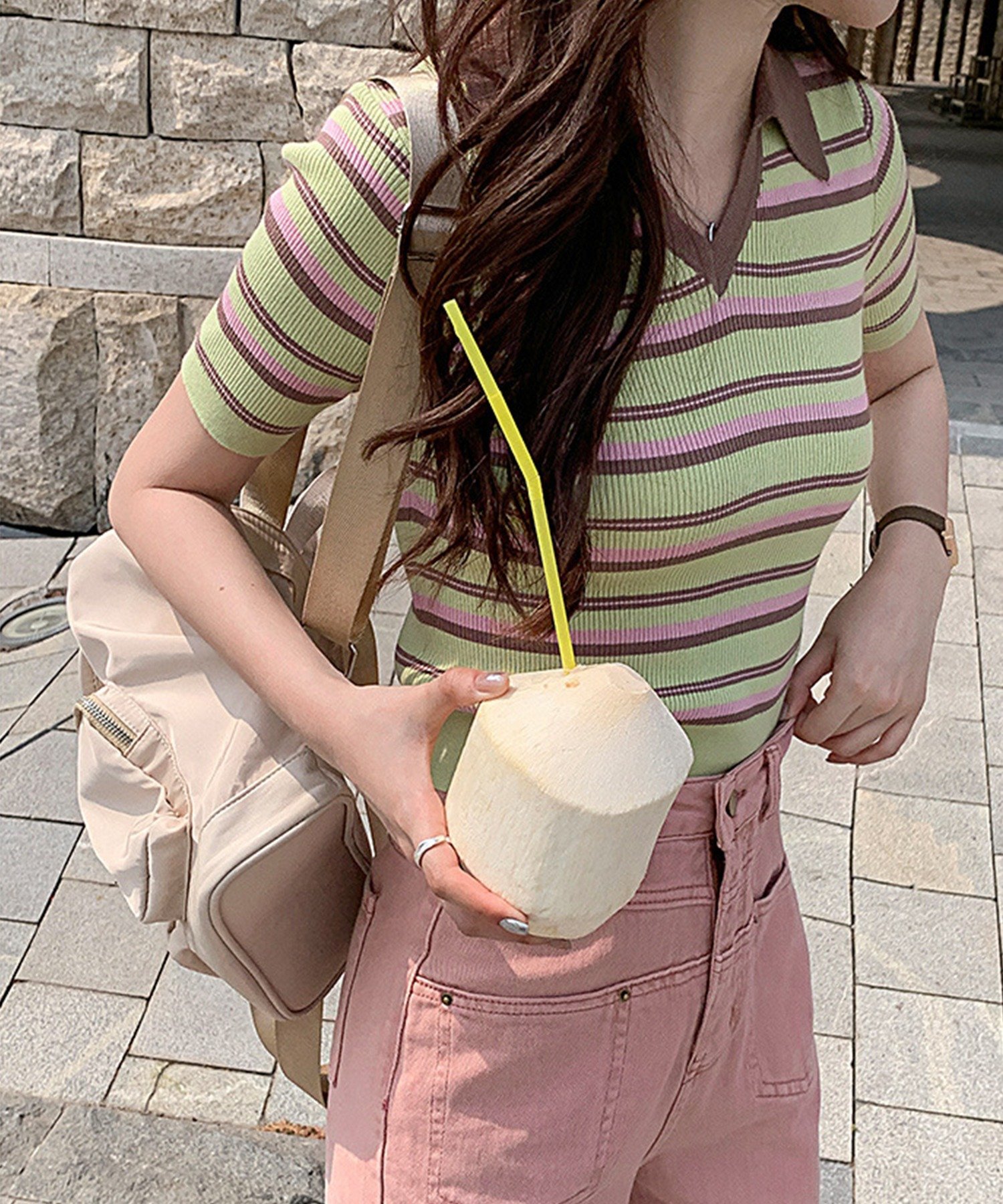 【SALE/75%OFF】aimoha - select - aimoha -select-/マルチボーダーリブニットポロシャツ アイモハ トップス ポロシャツ...