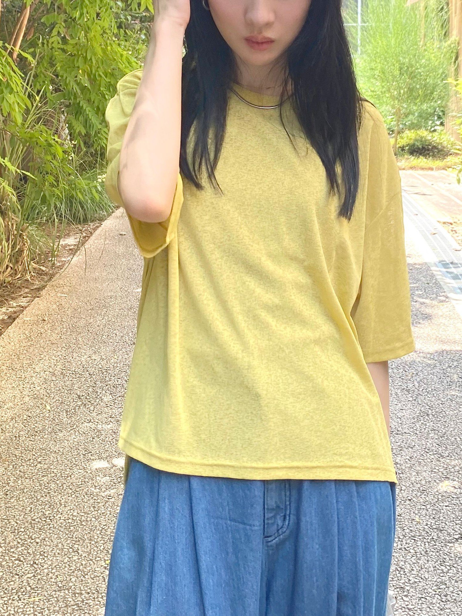 NICOLE white シアースラブ5分袖TEE ニコル クラブ トップス カットソー・Tシャツ イエロー ブラック グレー