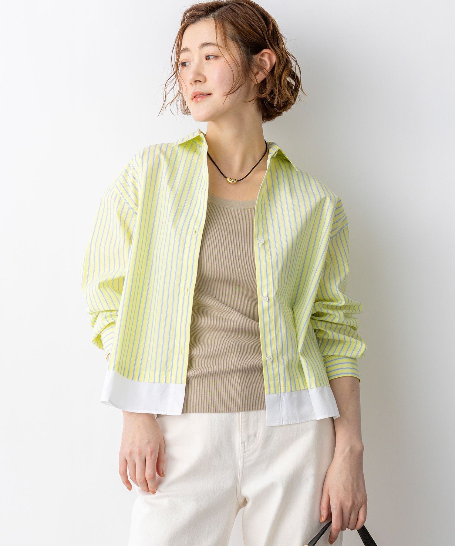 23区 L 【Oggi掲載】CANCLINI レギュラーカラー ストライプ クロップドシャツ ニジュウサンク トップス シャツ・ブラウス ブルー イエロー