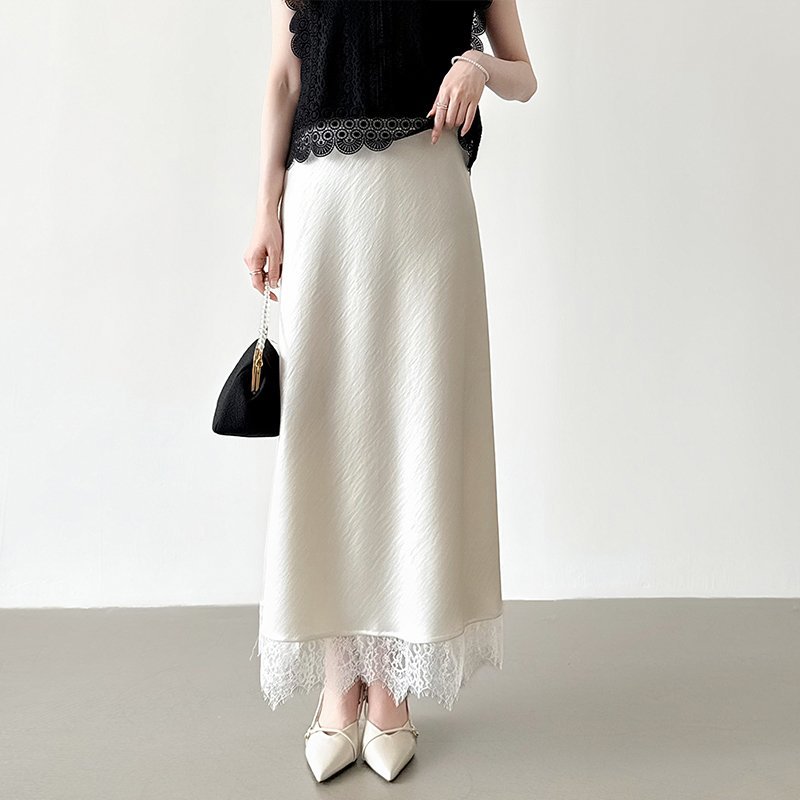 【SALE／25%OFF】COCOMOMO 【艶めくサテン*レース】サテンレーススカート サテンスカート レーススカート ココモモ スカート ロング・マキシスカート ホワイト イエロー ピンク ブラック