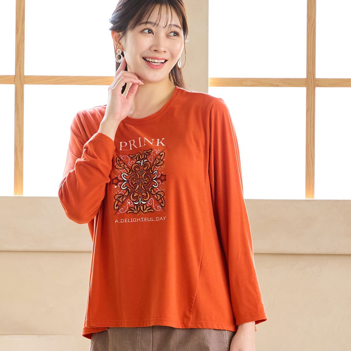 missel 【洗える・吸湿発熱素材・日本製・3Lサイズあり】PRINK刺繍カットソー ミゼール トップス カットソー・Tシャツ オレンジ イエロー ネイビー