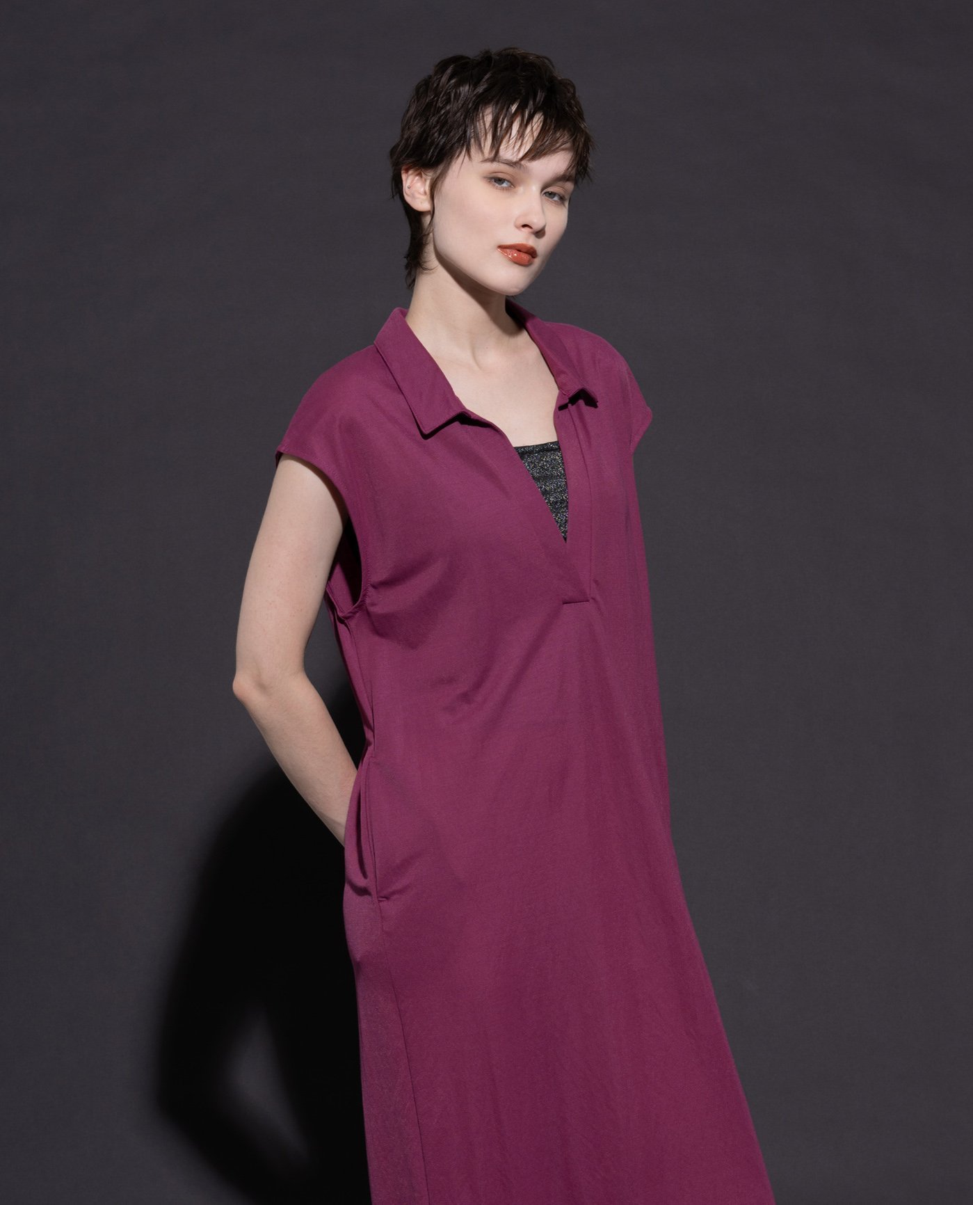 【SALE/50%OFF】YEVS スキッパー襟付ワンピース イーブス ワンピース・ドレス ワンピース ブラック レッド