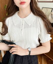 moment+ ストライプレースパフスリーブ半袖ポロシャツ モーメントプラス トップス カットソー・Tシャツ ホワイト ブラック ベージュ ピンク