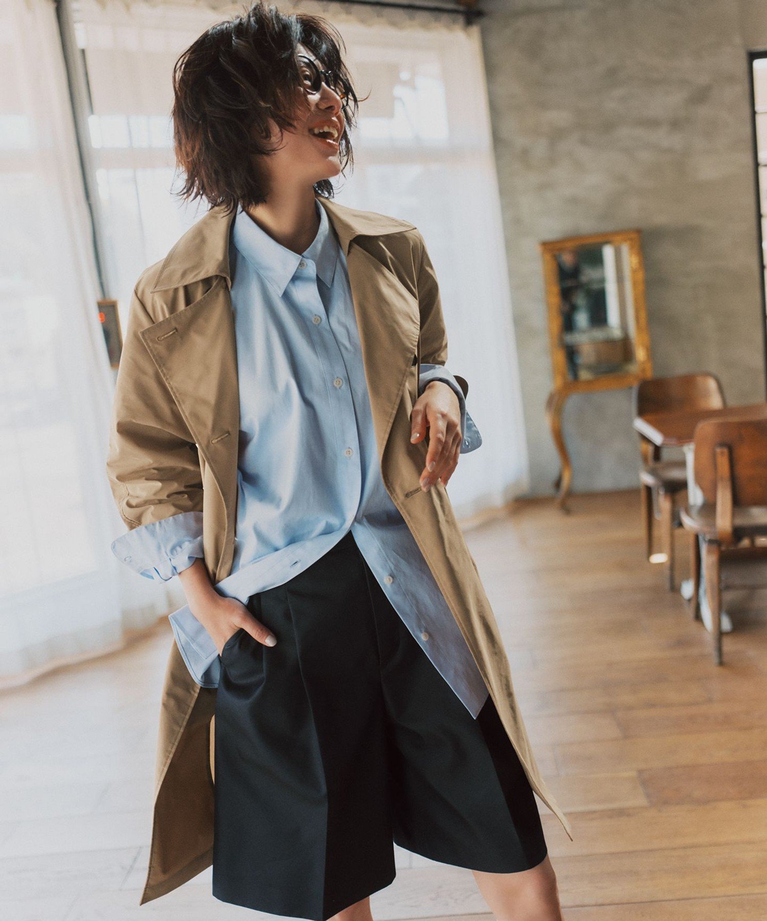 ICB L 【2WAY仕様】メモリーストレッチタフタ トレンチコート アイシービー ジャケット・アウター トレンチコート ベージュ ネイビー