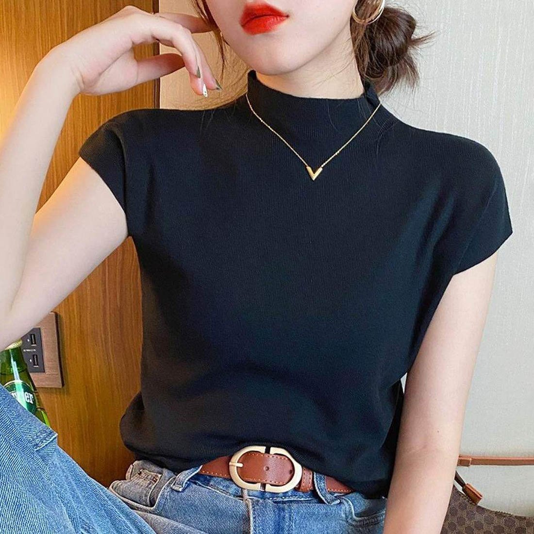 maison de LATIR ハーフハイネック半袖ニット メゾンドラティール トップス ニット ホワイト ブラウン ブラックのサムネイル