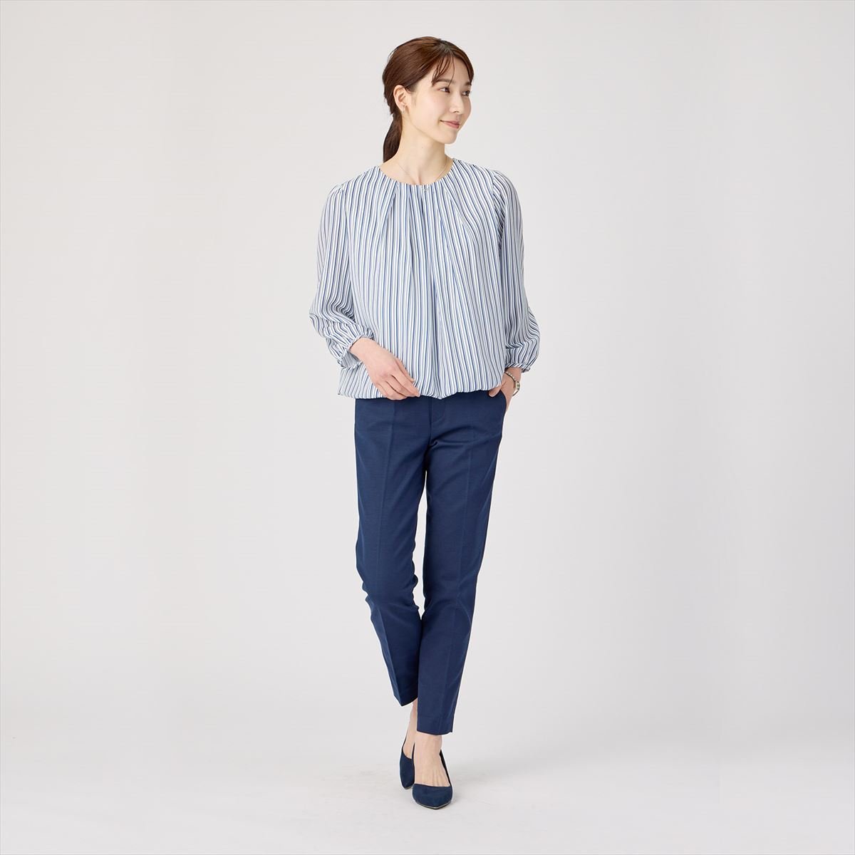 フロントタック ストライプブラウス 長袖 レディース BL02J101DH10R00-23 トーキョーシャツ トップス シャツ・ブラウス ブルー