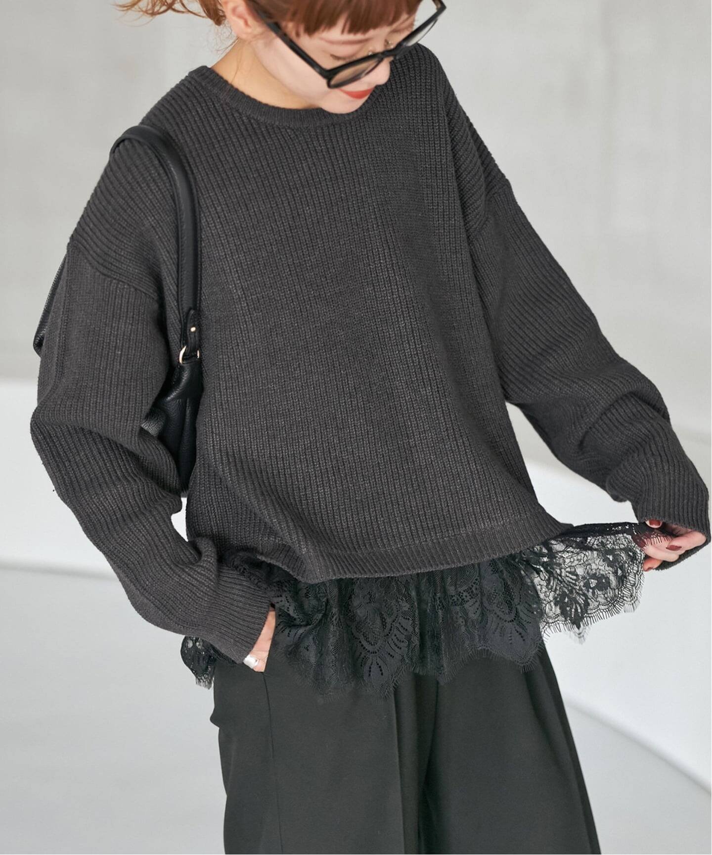 Spick & Span 《予約》レースドッキング畦ニットプルオーバー スピックアンドスパン トップス ニット グレー ベージュ【送料無料】のサムネイル