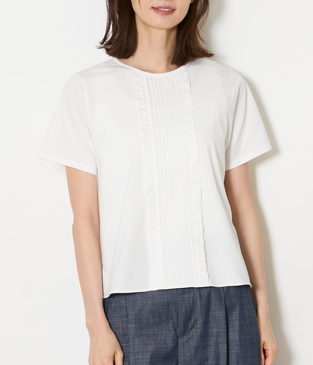 NEWYORKER WOMEN 【吸水速乾】プレーディング天竺 ピンタック半袖プルオーバー ニューヨーカー トップス カットソー・Tシャツ ホワイト ブラック